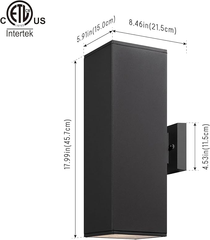 mirrea Modern Outdoor Porch Light Patio Light in 2 Lights with Aluminum Rectangular Tube and Tempered Glass Cover Waterproof Wall Sconce (Matte Black 18")