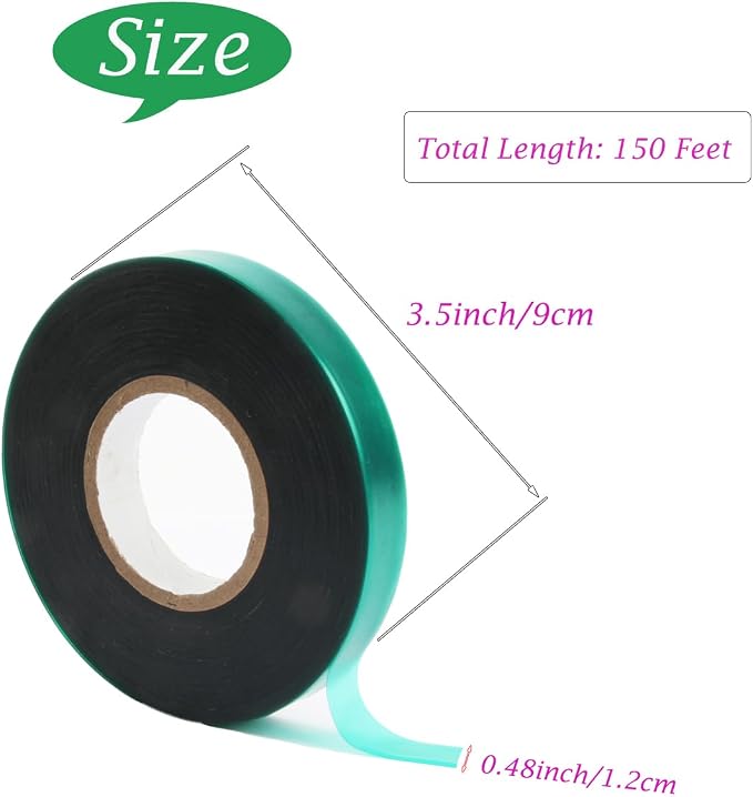 Garden Stretch Tie Tape, 1/2" Garden Tie Tape Roll, 1 Roll 150 Feet Plant Ribbon Green Vinyl Stake for Indoor Outdoor Patio Plants Branches Flowers