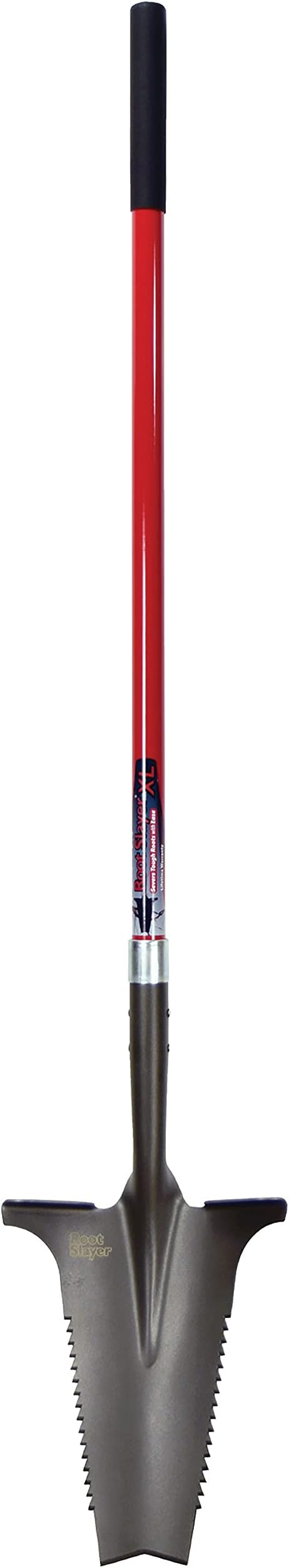 Root Slayer 22511 XL Garden Shovel with Serrated Blade for Digging and Root Cutting, Fiberglass Shaft, Heavy Duty Steel Spade, Red