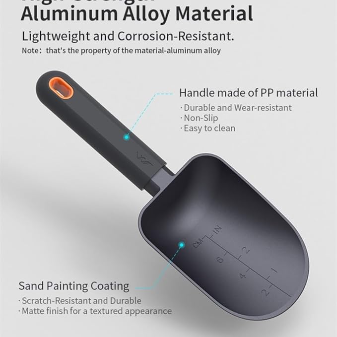 JIMIHOME Aluminum Alloy Garden Soil Scoop - Heavy Duty Hand Trowel with Measurement Marks, Rust Resistant Shovel for Potting, Digging, Transplanting, Pet Food & Beach Sand - Minimalist Black