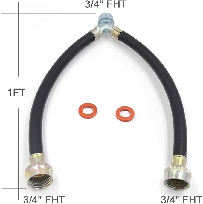 TT FLEX Rubber Washing Machine Y Mixer Hose Connector, 3/4" Fittings, 1 ft (12") Length