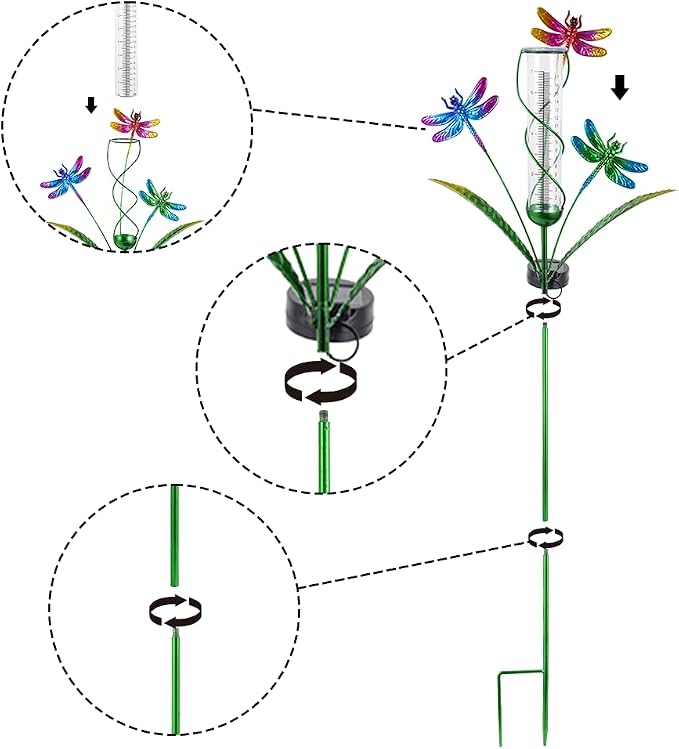 Stargarden Rain Gauge Outdoor, Dragonfly Solar Rain Gauge with 7" Plastic Tube, Decorative Rain Gauge for Yard Garden Patio Lawn