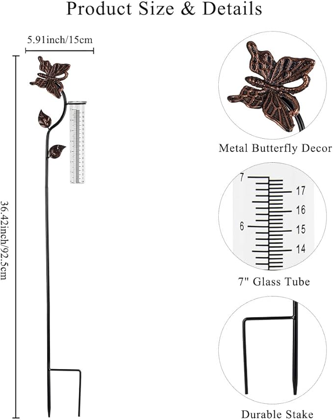 Butterfly Rain Gauge Outdoor, Metal Rain Gauge with 7-Inch Glass Tube, Decorative Rain Water Gauge for Garden, Yard, Lawn