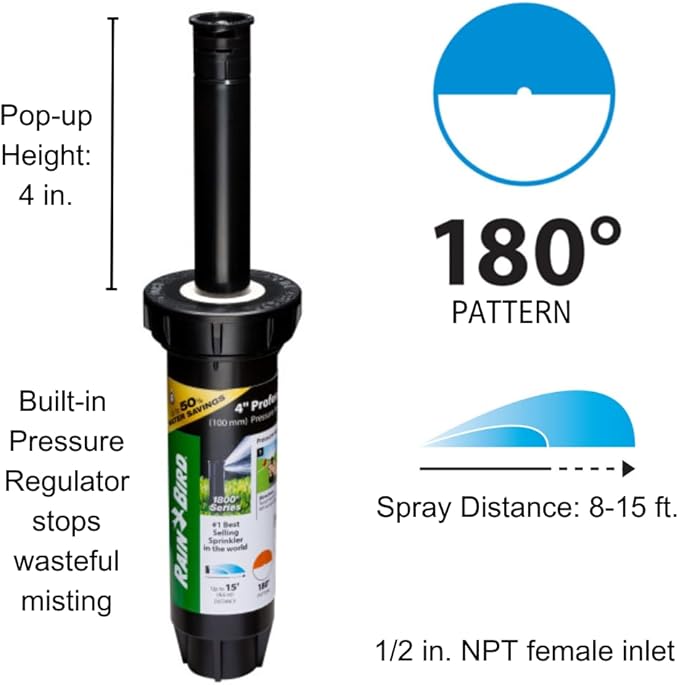 Rain Bird 1804HDSP25 Pressure Regulating (PRS) Professional Dual Spray Pop-Up Sprinkler, 180° Half Circle Pattern, 8' - 15' Spray Distance, 4" Pop-up Height