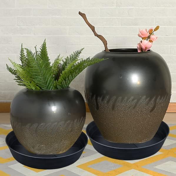 Plant Saucer 4 Pack 10 inch Heavy Drainage Tray for Indoors No Holes, 12 14 16 18 20 25 Inch Plastic Plant saucers Water Catcher for Pots Base Extra-Deep Plant Trays for Flower Pot (10 Inch, Black)