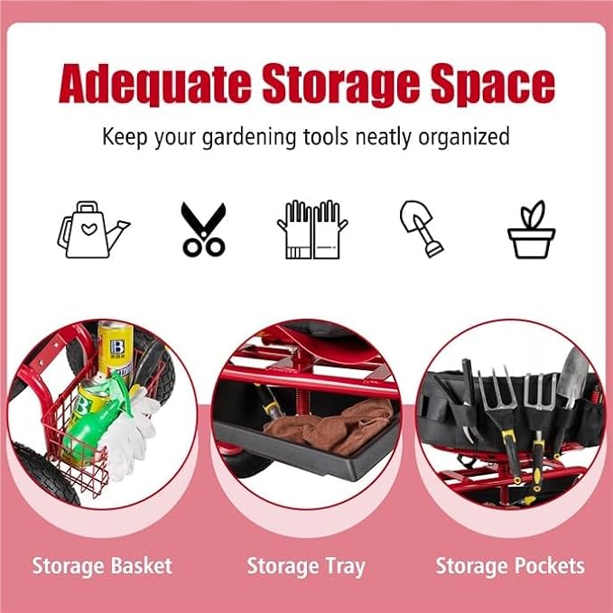 ERGOMASTER Garden Seat with Wheels, Outdoor Gardening Wagon Scooter, 2 Steering Handles, 360° Swivel Workseat & Tool Storage, Use for Patio, Yard, Lawn, Red