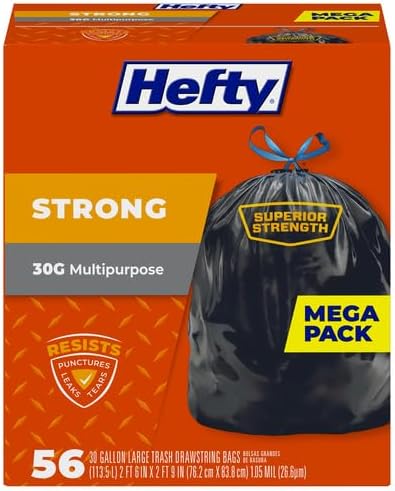 Hefty Strong 30 Gallon Trash_Bags, Large Trash-Bags 30 Gallon Size, Durable Drawstring Enclosure, Resists Punctures, Leaks, and Tears, Black, Unscented, 56 Bags (Pack of 3)