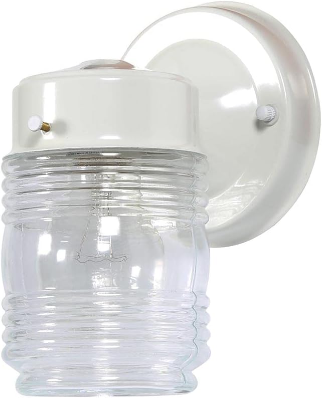 Design House Jelly Jar 1-Light Outdoor Wall Lantern, White Finish, Clear Ribbed Glass, Wet Rated Exterior Porch Light for Patio, Garage, Entryway, Front Door, and Deck, 500181