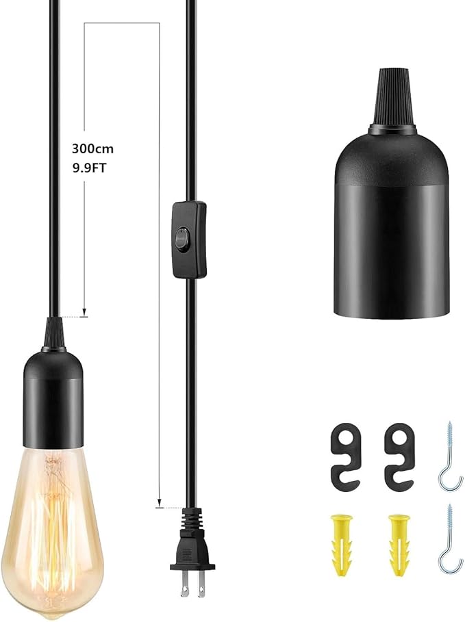 2Pack Plug in Hanging Light Kit, E26/E27 Vintage Hanging Lights with Plug in Cord, Retro Pendant Light Fixture, 12FT Cord with On/Off Switch, Black