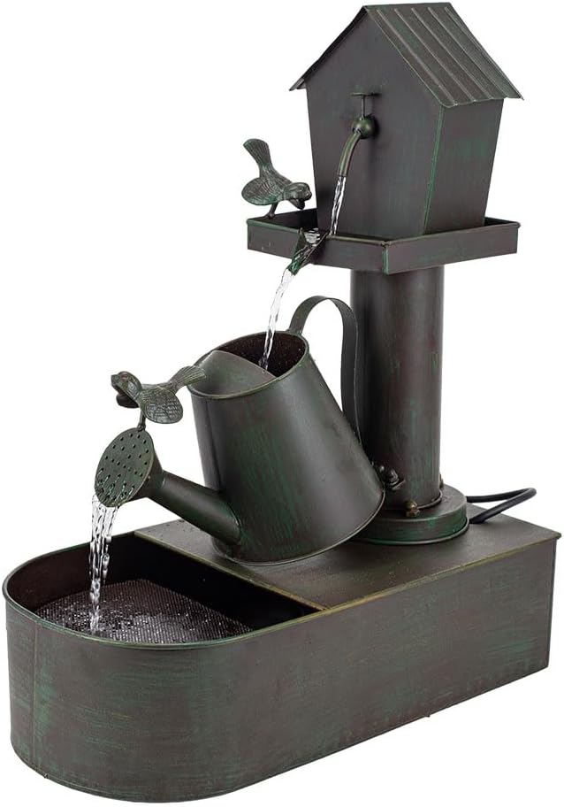 Garden Water Fountain Outdoor, 23" Vintage Waterfall Fountain, Rustic Distressed Green Outdoor Water Fountain with Tilted Watering Can for Yard Patio Decor