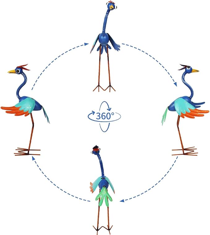 Metal Wacky Heron Garden Statue, 19‘’ Crane Garden Decor for Outside, Bird Yard Art for Outside, Patio, Backyard, Lawn (Blue & Cyan)