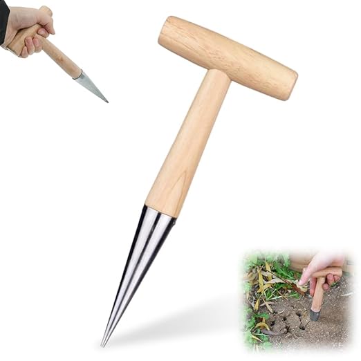 Plant Hole Digger for Planting, Seed Dibber Garden Tool, Hand Dibbler Seed Planter Tool,Bulb Planter Tool, Seeds Transplanting Plants Planting Bulbs, T Wooden Handle - Easy to Drill Holes (1pcs)