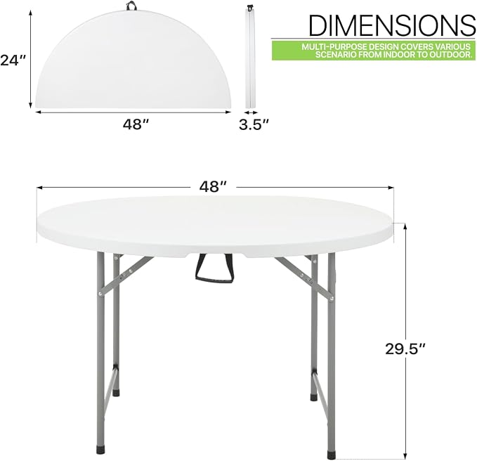 Magshion 48" Round Folding Table, 4 Feet Bi-Folding Plastic Commercial Dining Card Table w/Carrying Handle for Outdoor Wedding Party Event Picnic, White
