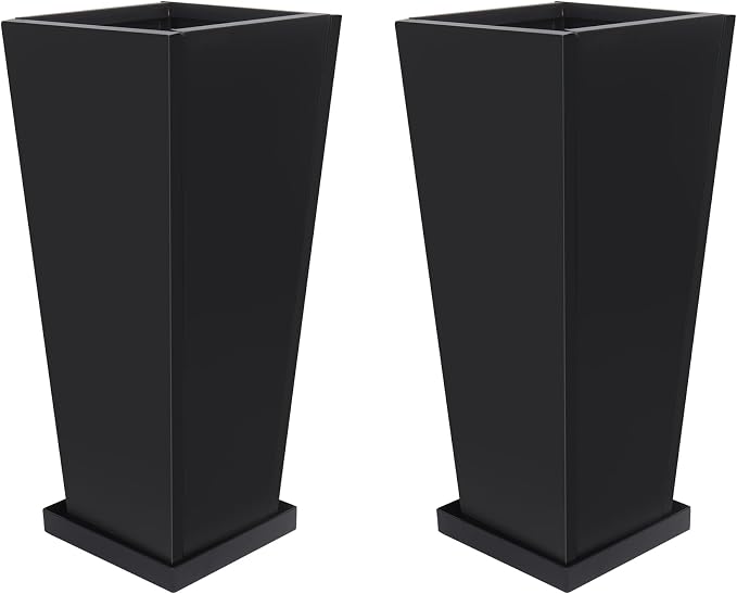 24" Metal Tall Outdoor Planters Set of 2, Durable & Wealtherproof | Tall Planters with Drainage Insert Shelve & Trays, Black Outdoor Planters for Porch, Garden, Yard