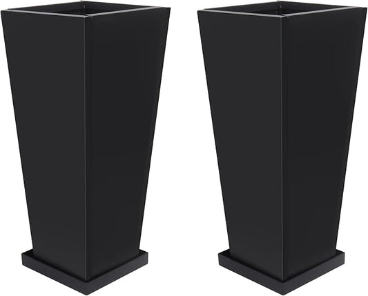 24" Metal Tall Outdoor Planters Set of 2, Durable & Wealtherproof | Tall Planters with Drainage Insert Shelve & Trays, Black Outdoor Planters for Porch, Garden, Yard
