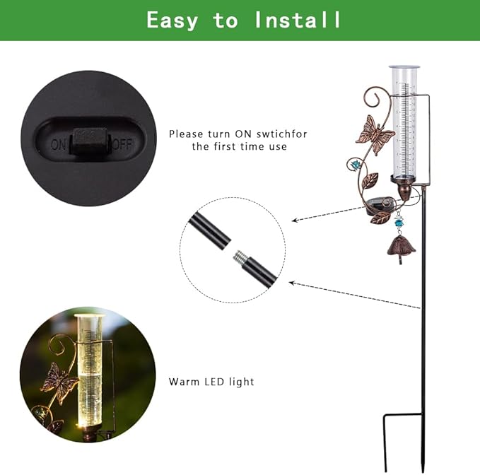 Rain Gauge Outdoor, Solar Rain Gauges with 7" Plastic Tube, Butterfly Metal Rain Gauge with Decorative Bell for Garden Yard Lawn Decor