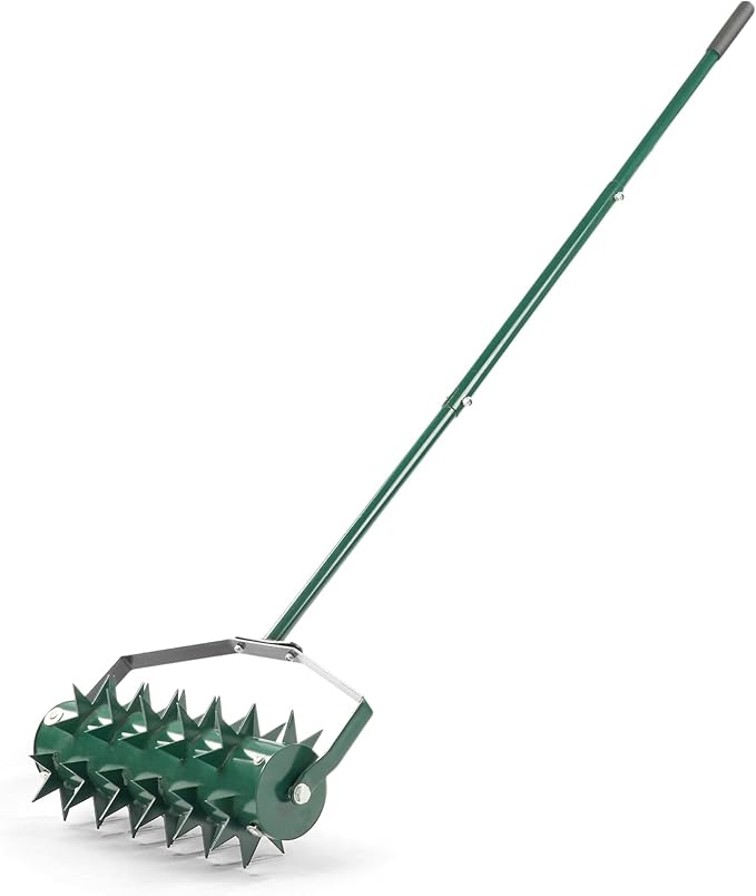 18in Rolling Lawn Aerator, Heavy Duty Manual Aerator Lawn Tool, Lawn Spike Aerator Roller with Adjustable Handle, Soil Penetrator Push Lawn Aeration for Garden Yard Patio (Green)