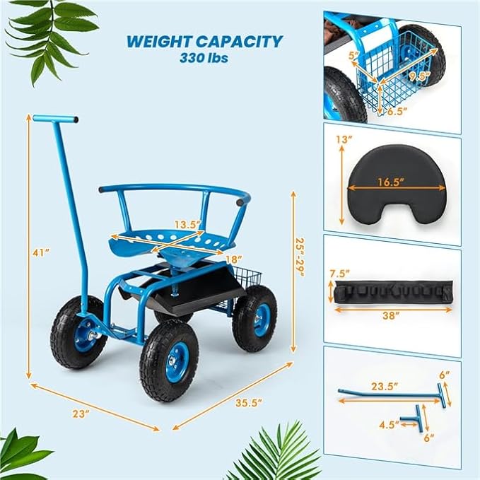 ERGOMASTER Rolling Garden Seat with Wheels,360 Degree Swivel Seat Gardening Stool for Planting,Tool Storage & 2 Steering Handles,Use for Patio, Yard, and Outdoors Workseat, Blue