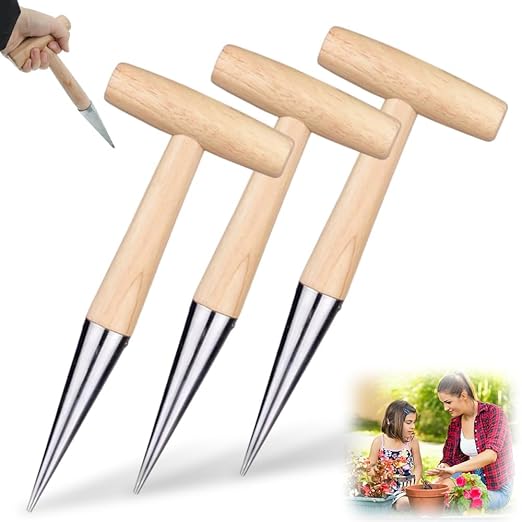 Plant Hole Digger for Planting, Seed Dibber Garden Tool, Hand Dibbler Seed Planter Tool,Bulb Planter Tool, Seeds Transplanting Plants Planting Bulbs, T Wooden Handle - Easy to Drill Holes (3pcs)