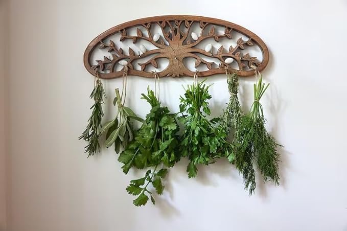Tnstbiee Rustic Herb Drying Rack Hanging - Artistic Life Tree Design for Kitchen Witches & Gardeners - Holds 11 Bouquets - Saving Space Herb & Flower Dryer - Gift for Crafters - Wall Art Décor
