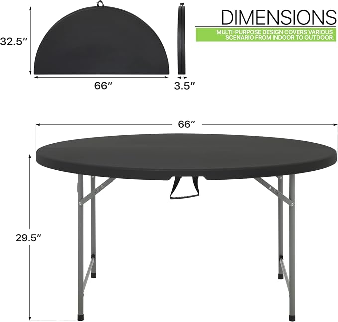 Magshion 65" Round Folding Table, 5 Feet Bi-Folding Plastic Commercial Dining Card Table w/Carrying Handle for Outdoor Wedding Party Event Picnic, Black
