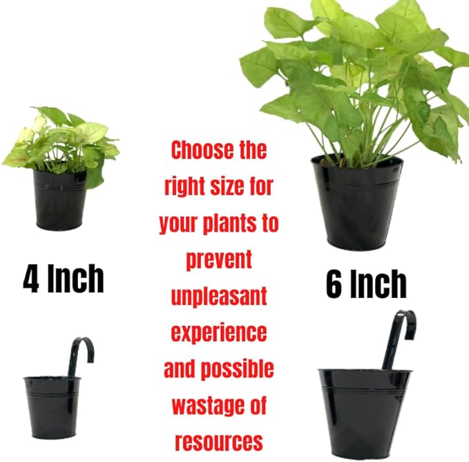 LaLaGreen Rail Planter (6 Inch, 12 Pack) Black Metal Hanging Flower Railing Fence Balcony Gardening for Apartment Patio Planters Outdoor Deck Modern Decoration Garden Style Iron Porch Decor Pots