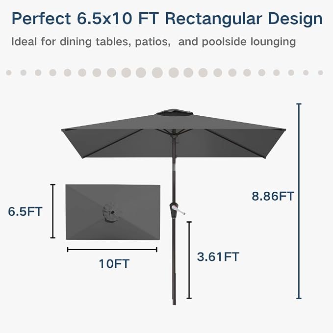 6.5' x 10' Rectangular Patio Umbrella Large Outdoor Market Umbrella w/UV Protection, Push Button Tilt and Crank Lift, Rectangle Table Umbrella for Garden, Deck, Pool, Patio, Grey