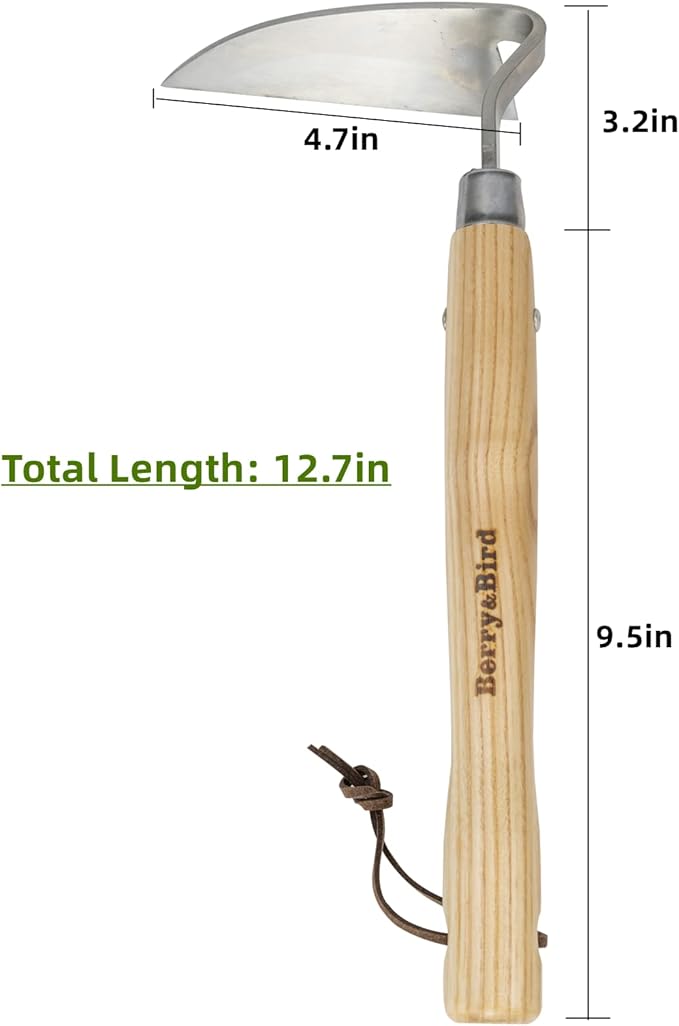 Berry&Bird Stainless Steel Bent Angle Gardening Sickle, Weed Scraper-Hoe with Ergonomic Ash Wood Handle, 12.67-Inch Blade for Weeding & Soil Loosening