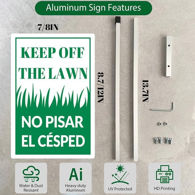 Keep Off The Lawn In English and Spanish Yard Sign With Stakes 8x12 inches Rustproof Reflective Aluminum Keep Off Grass Sign Stand for Home Garden Outdoor