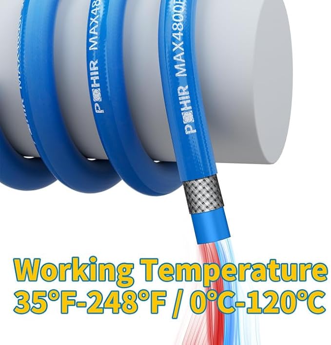 POHIR 10ft Pressure Washer Hose 3/8" 4800 PSI, No Marking Kink Free Hose with Quick Connect Ends and Adapters for Hot & Cold Water up to 248°F, Steel Wire Braided Hose for Power Washing