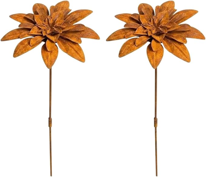 Set of 2 Vintage Rusty Cornflower Statues Stake 12 Inch Metal Artistic Wire Art Decor Rustic Garden Sculptures for Lawns Yard Patio Home Farmhouse Decoration (Bronze) (Brown)