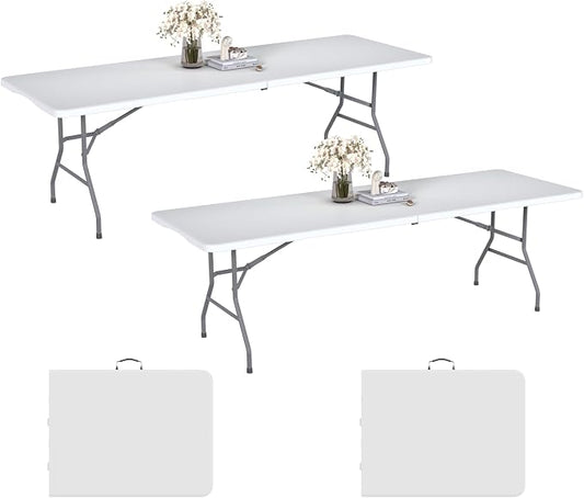 2 Pack 8FT White Folding Table for Outdoor, 8 Foot Picnic Tables No Assembly Required Portable, White Foldable Table for Camping, Parties, Meeting, Events, Wedding, with Carrying Handle