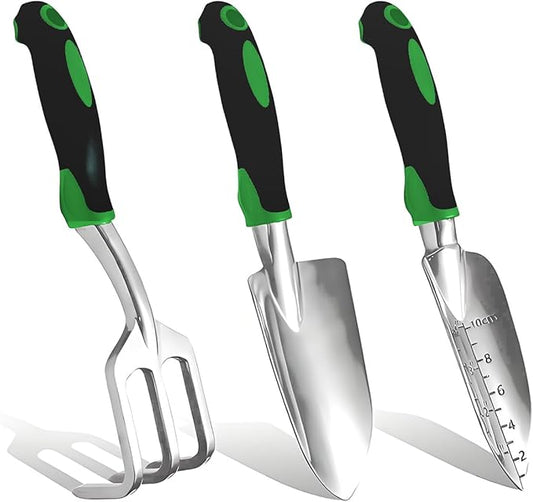 Garden Tools, Heavy Duty Cast-Aluminum Garden Tool Set with Hand Trowel, Transplant Trowel, Cultivator Rake, Soft Rubber Ergonomic Non-Slip Handle, Gardening for Home Gardeners (Basic Set (3 PCS))