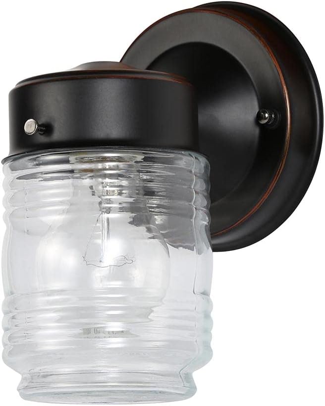 Design House Jelly Jar 1 Light Wall Light, Oil Rubbed Bronze, Outdoor Downlight, Clear Glass, Wet Rated, 7.5 in H x 4.5 in L x 5.25 in W, 60W Medium Base, Model 505198