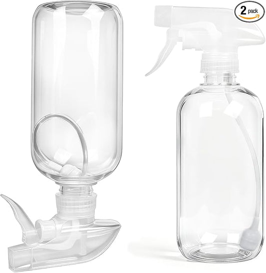 2 Pack 360° Spray Bottles, 16 oz Plastic Small Containers with Adjustable Spray Nozzles, Spray Bottles for Hair, Cleaning Solutions, BBQ and Plants Clear