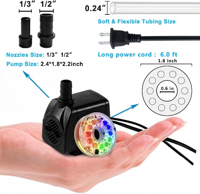 PULACO 160GPH Small Fountain Pump, 10Watt Submersible Pump with Automatic Color Changing LED Light and 3.3 ft Tubing for Water Feature, Outdoor Pond, Aquarium fish tanks