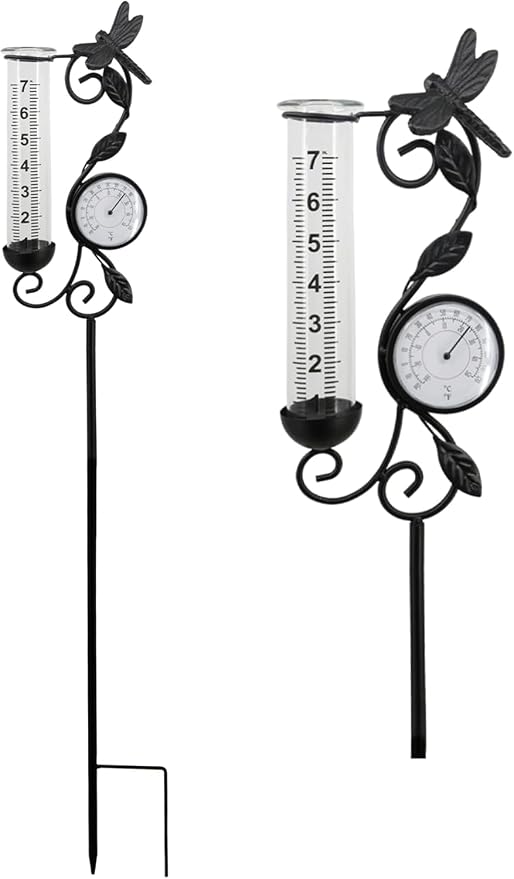 Rain Gauge Outdoor, Black Dragonfly Rain Gauge with Thermometer for Measuring Precipitation, Garden Decoration,Yard Garden Patio Lawn (Black Dragonfly)