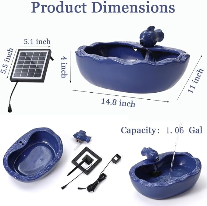 Solar Water Fountain, 11 inch Ceramic Koi Fountain, Blue Glazed Finish, Outdoor Solar Garden Fountain, Solar Powered Fountain for Garden, Tabletop, Balcony, Patio, Deck