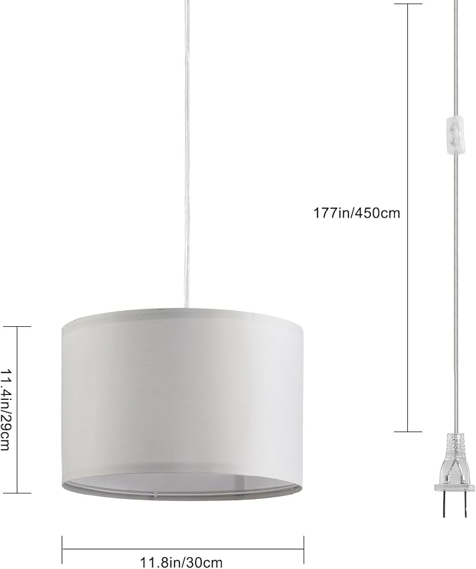 2 Pack Plug in Pendant Light, Hanging Light with 15Ft Clear Cord, On/Off Switch, French Grey Fabric Lamp Shade, Hanging Light Fixture for Bedroom, Kitchen, Living Room, Dining Table