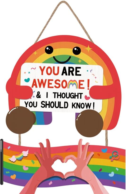 HOURIA Pride Rainbow Welcome Front Door Hanging Sign(11.4"x14"),You are Awesome Rainbow Wreath LGBTQ Wooden Door Sign,Colorful Welcome Wall Decor for Bedroom Classroom Nursery Playroom Home