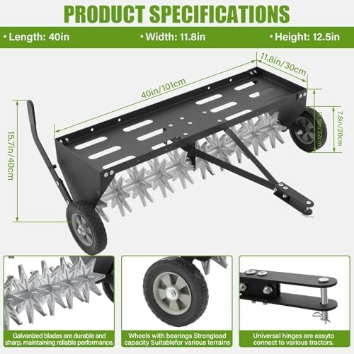 40" Tow Behind Spike Aerator with Galvanized Steel Tines and Extra-Wide Tow Bar, Tow Behind Plug Aerator with Transport Wheels, for Gardens, Lawns, Farms