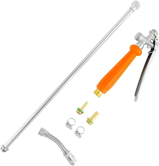 QWORK 2Pcs All Metal Replacement Sprayer Wand Kit - 29 Inch, Adjustable Nozzle, Brass Barbs Match 3/8'' & 1/4'' Hoses, Universal Sprayer Wand with Shut off Valve & 2 Hose Clamps