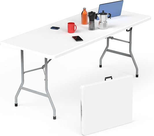HLPB Folding Table 6ft, Foldable Portable Heavy Duty Plastic Fold-in-Half Utility Table with Handle & Safety Locks, Picnic Table Indoor Outdoor for Camping, Picnic and Party