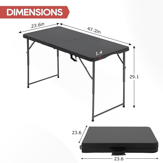 PayLessHere | 4FT Folding Table | Portable Plastic Table with Carry Handle | Waterproof & Foldable Table Design | Steel Frame with Lock | Black | for Events, Camping, Indoor & Outdoor Use