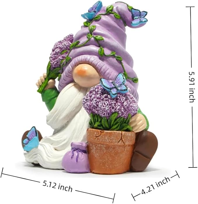 Hodao Spring Gnome Garden Decor with Butterflies and Lavender Flowers, Hand Painted Resin Gnome Figurine for Home Shelf Table Patio Decoration, Gift for Women Mom Garden Lovers
