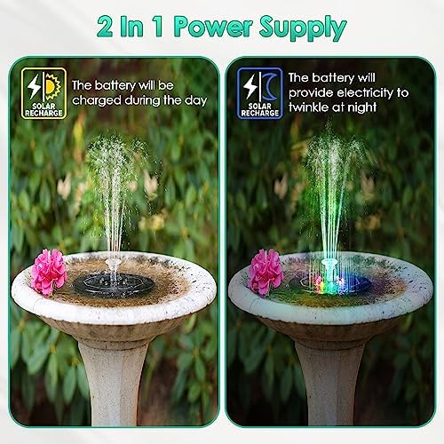 Saillong 2 Pack 5W Solar Bird Bath Fountain Pump with Colorful LED Lights, 6.3'' Battery and Solar Powered Water Fountains with 6 Nozzles, Floating Fountain Pump for Bird Bath Garden, Pond
