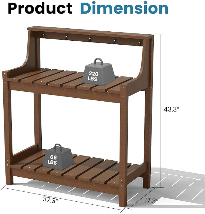 Potting Benches for Outside, HDPE Garden Potting Table All Weather, Outdoor Potting Table with Storage for Patio, Backyard, Garden, Brown