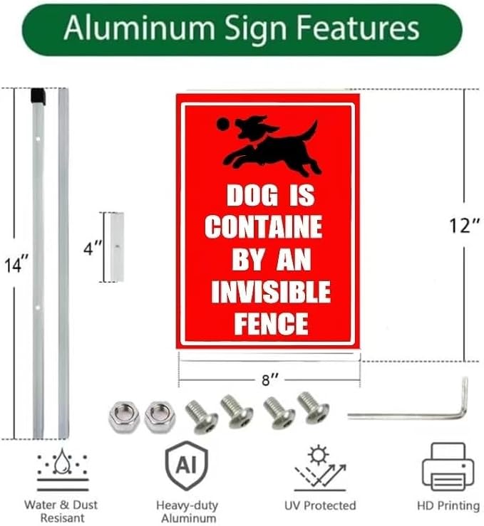 Invisible Fence Yard Sign with Stakes,Rust Free Aluminum(8 * 12in),beware of dogs Sign for garden，Dog Is Contained by An A Invisible Fence Yard Sign