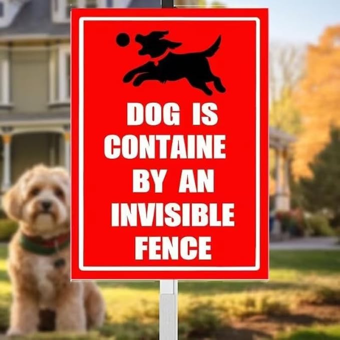 Invisible Fence Yard Sign with Stakes,Rust Free Aluminum(8 * 12in),beware of dogs Sign for garden，Dog Is Contained by An A Invisible Fence Yard Sign