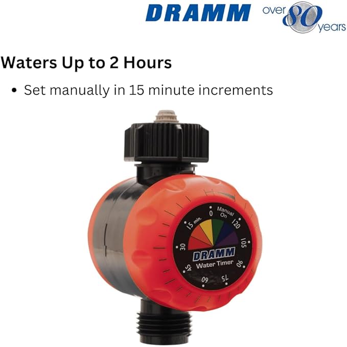 Dramm ColorStorm Premium Water Hose Timer, Mechanical, Turns Water Off Automatically, Up to 120 Minutes of Run Time, Compact for Lawn, Drip, Soaker Hose and Garden, Red